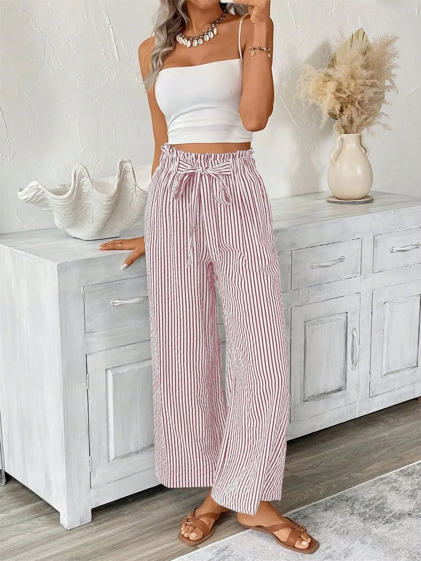 Full Size Striped Wide Leg Paper Bag Pants Plus Size - Velora