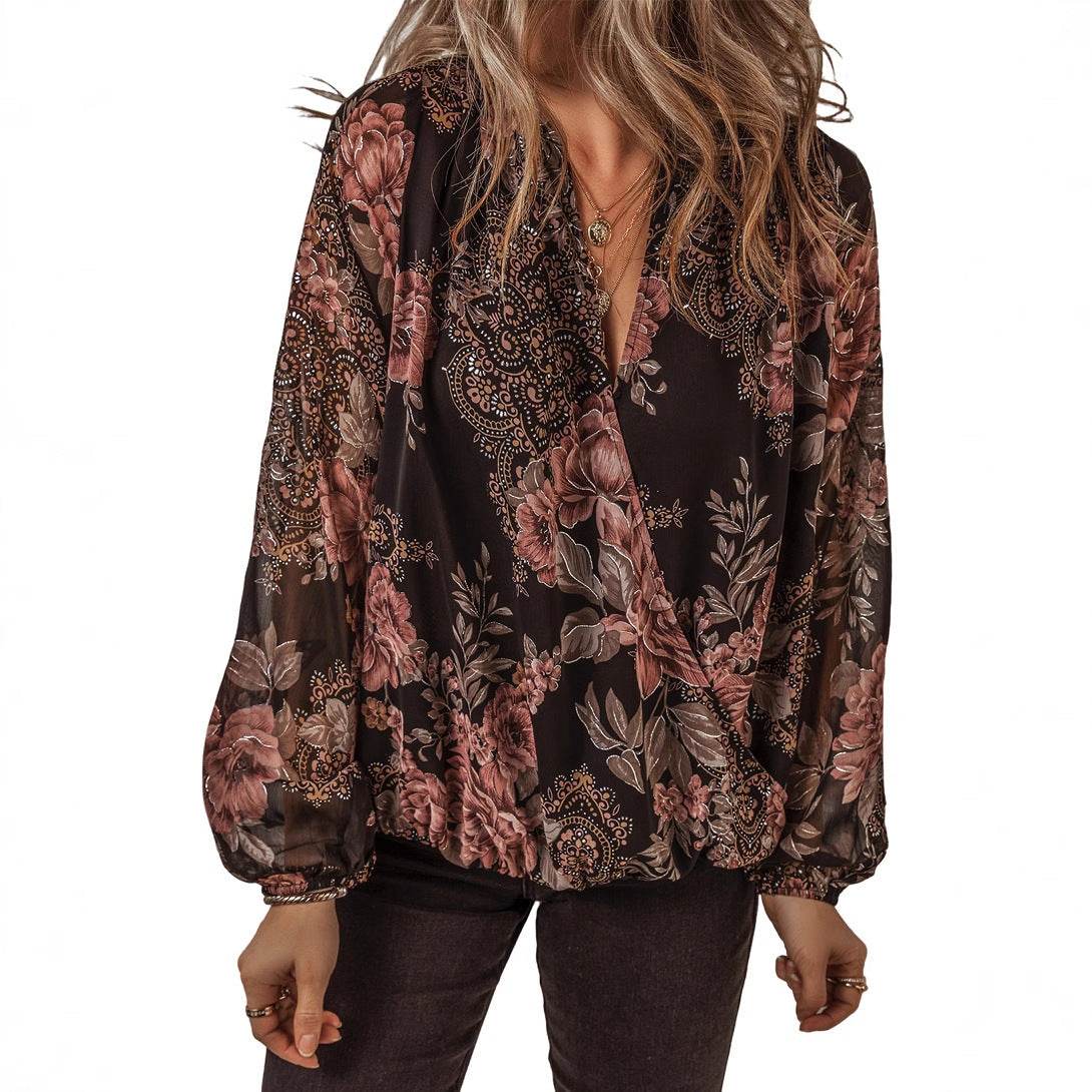 V-neck Long Sleeve Top Floral Print Women's Chiffon blouse Women - Velora