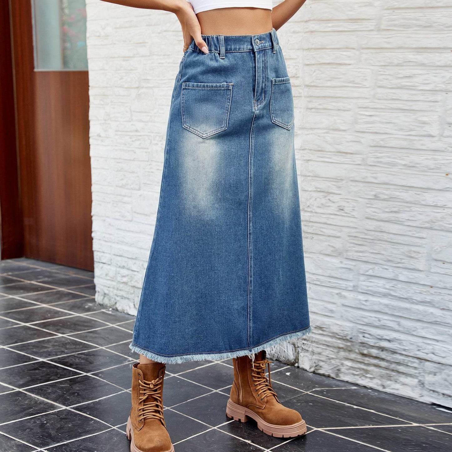 European And American Washed Frayed Hem Blue Denim Midi Skirt - Velora
