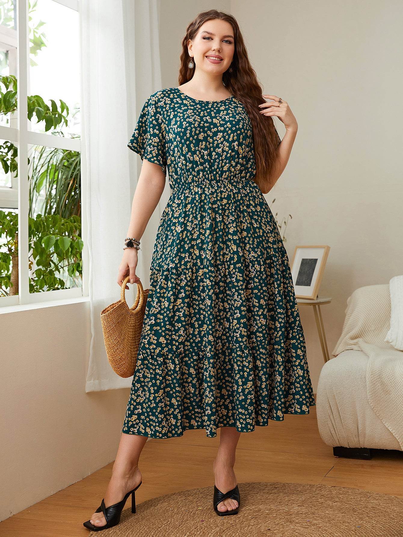 Summer Plus Size Women Floral Printed Midi Dresses - Velora
