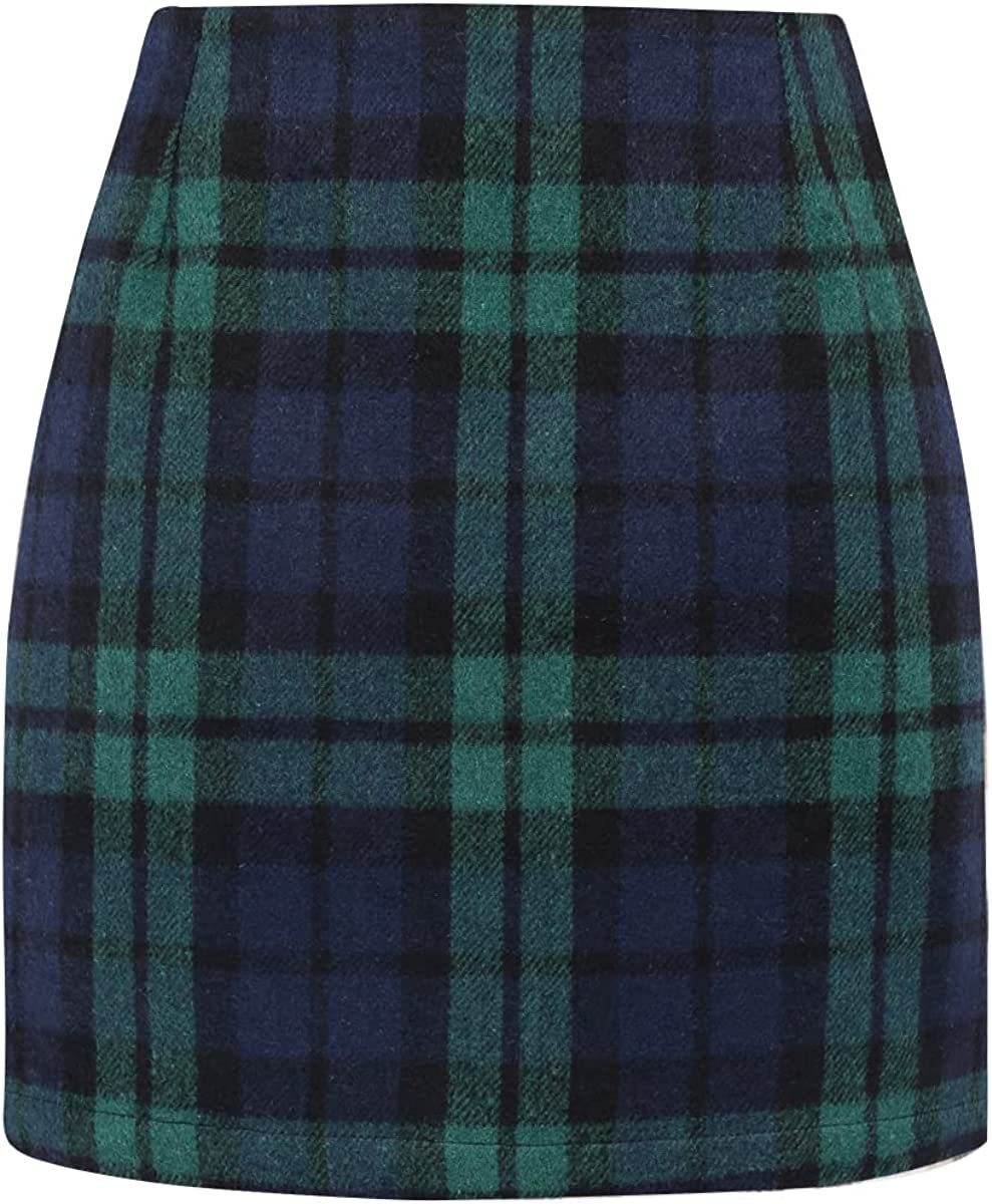 Women's High Waist Plaid Tight Pencil Wool Mini Skirt - Velora