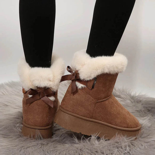 New Bow-knot Snow Boots Winter Plus Velvet Warm Thick-soled Ankle Boots For Women Simple Daily Leisure Cotton Shoes - Velora