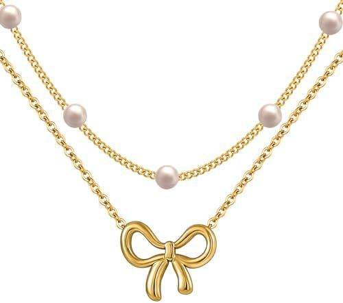 Simple Pearl Double Layer Choker Fashion Gold Color Necklaces Chain Small Bow Pendant Necklace Jewelry Gifts For Women Fashion Jewelry Valentine's Day Gifts - Velora