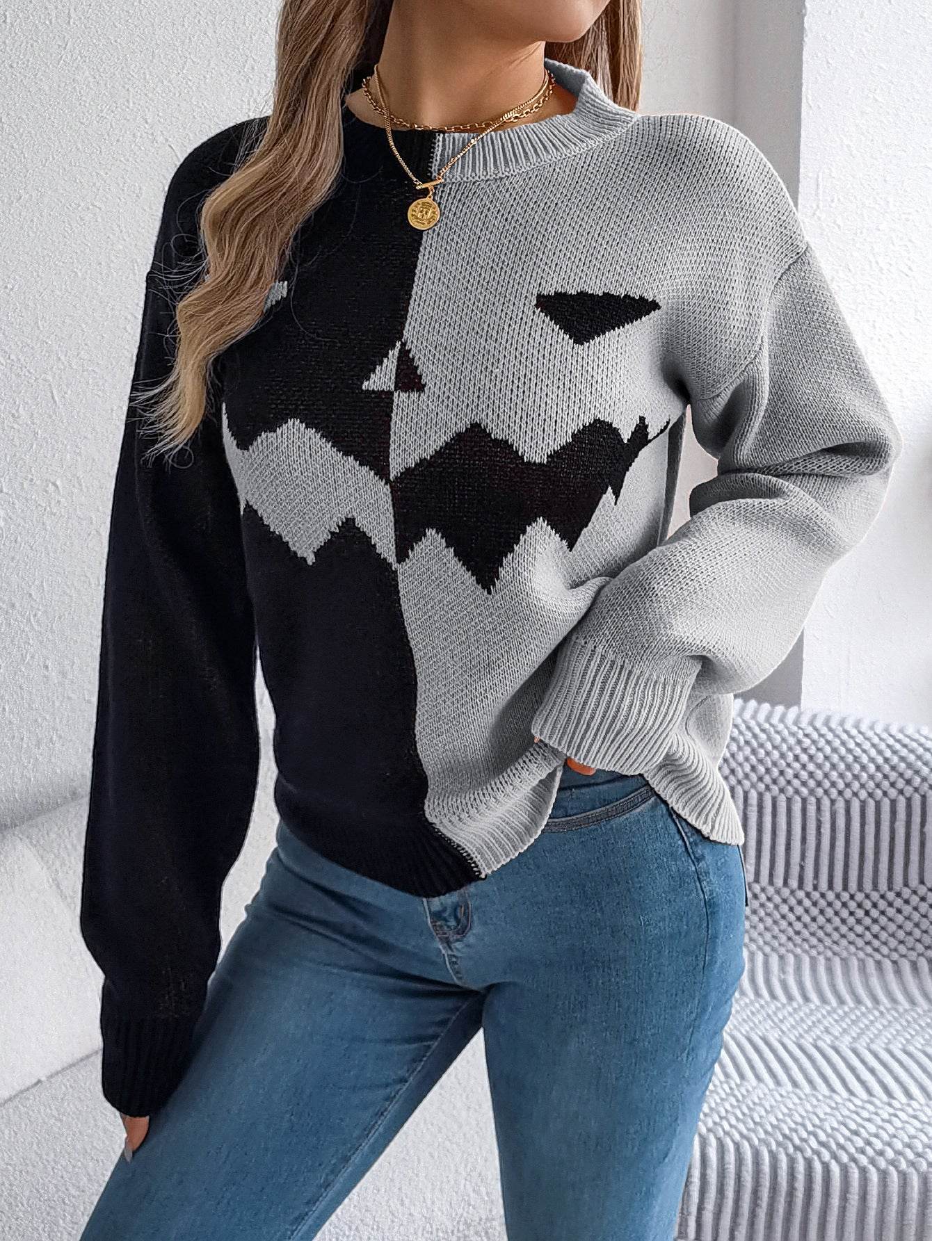 Halloween Contrast-color Pullover Sweater Fashion Long Sleeve Knitted Tops For Womens Clothing - Velora