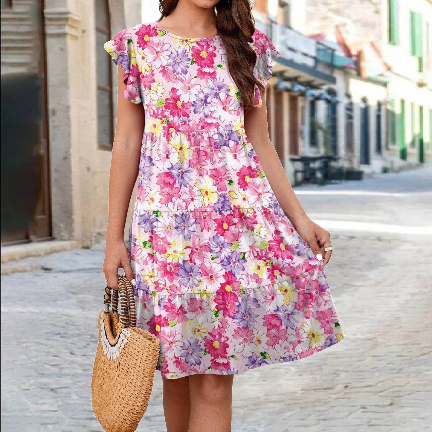 Ruffle Sleeve Dress Summer Loose Flower Print Beach Dresses Sweet Skirt Women - Velora