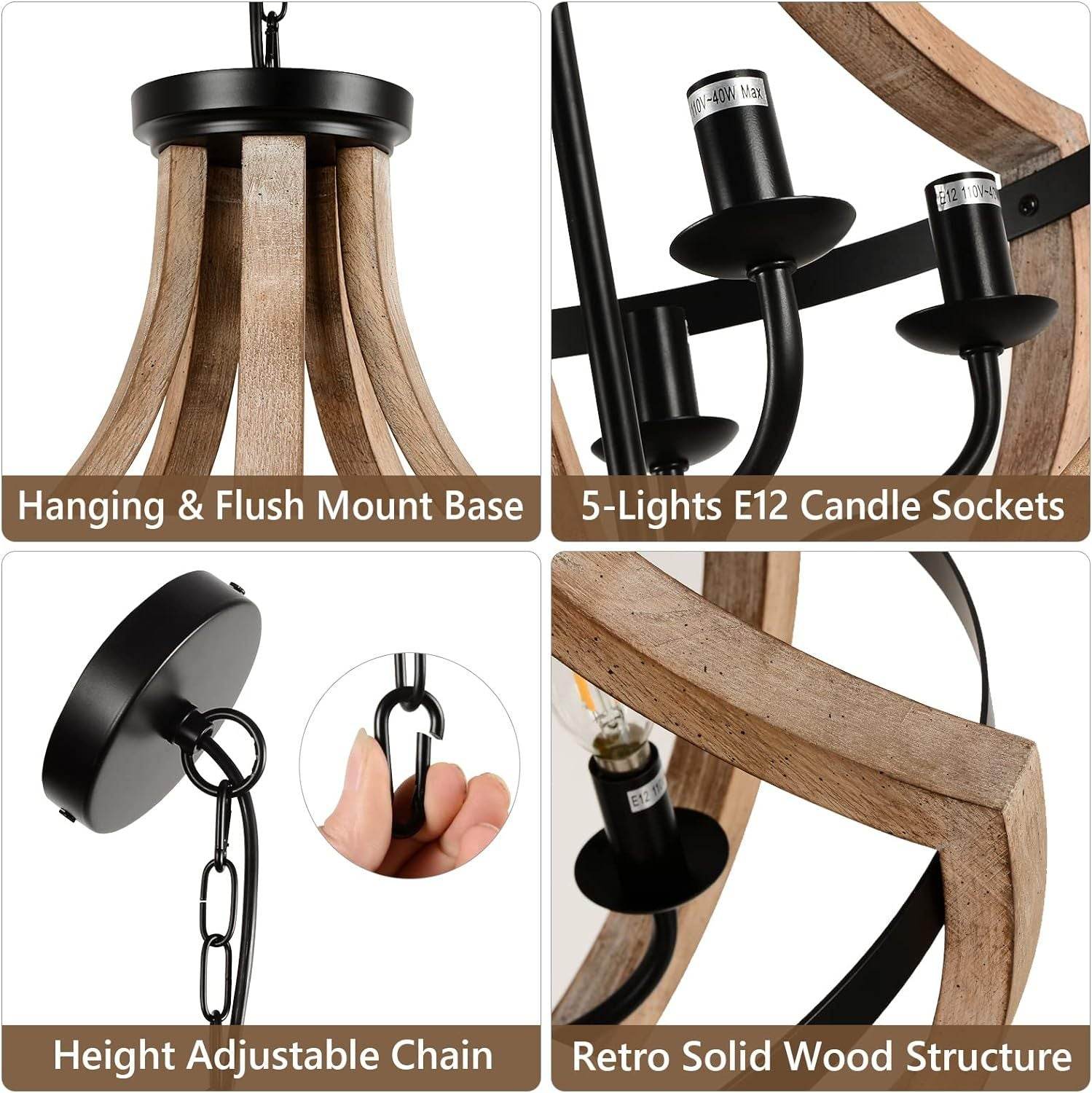Solid Wood Modern Chandelier For Dining Room, Living Room, Kitchen, Island, Bedroom, Foyer, Height Adjustable, Brown - Velora