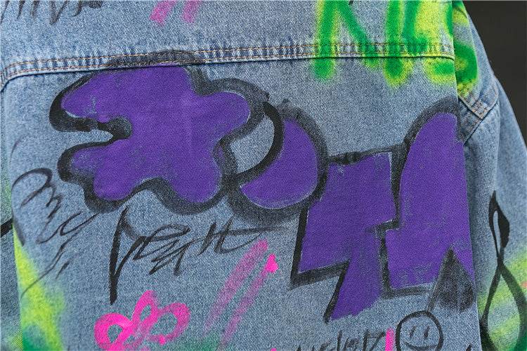 Oversized Graffiti Print Denim Jacket Women Loose Fried Street fashion - Velora