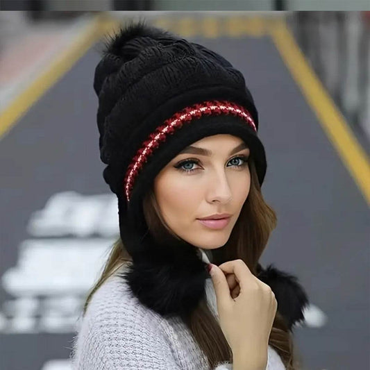 Cozy Knit Fleece-Feel Beanie With Ear Flaps & Pompom Warm Winter Hat For Women Perfect For Skiing & Outdoor Activities - Velora