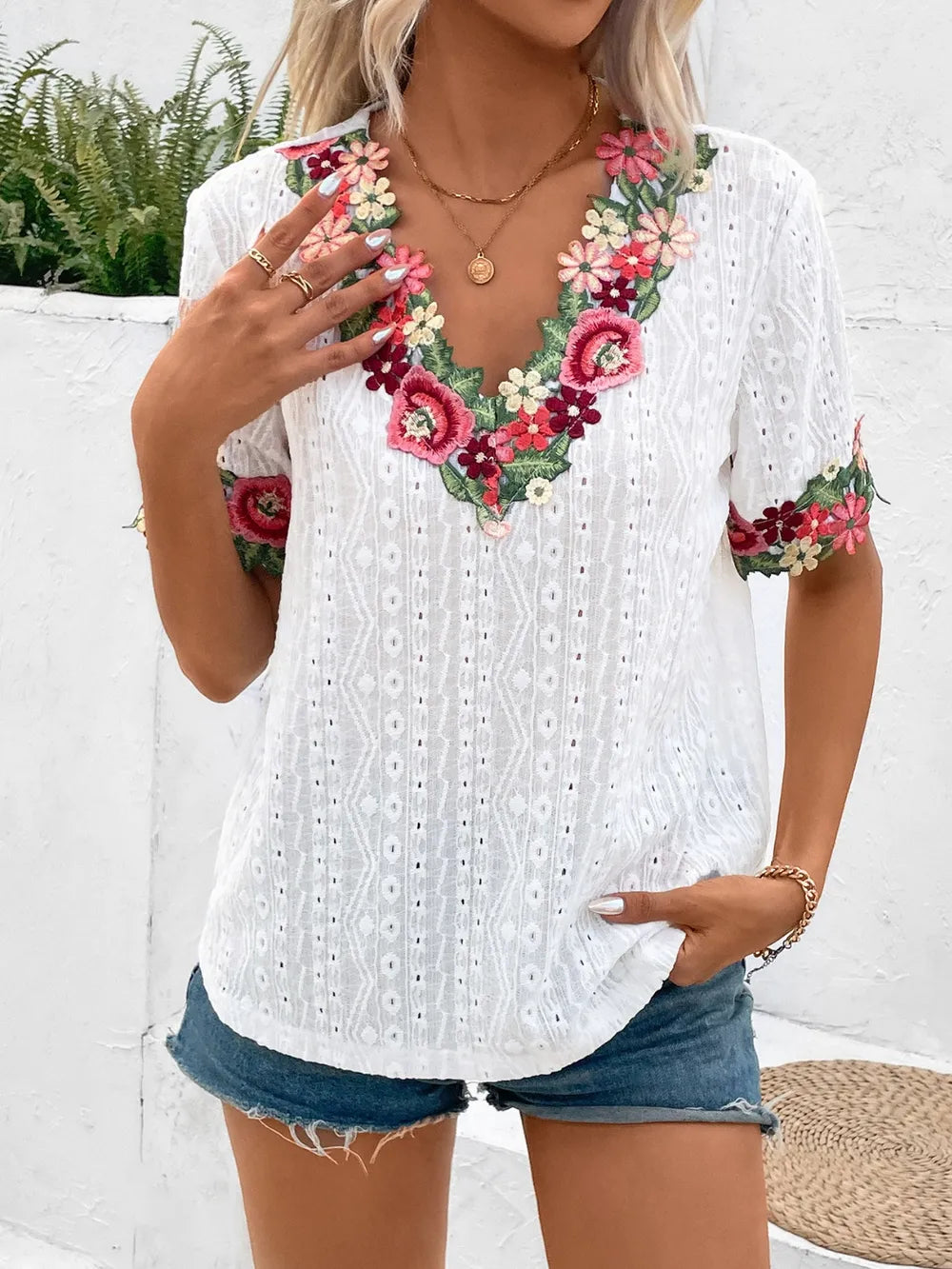 Ivy Lane Eyelet Embroidered V-Neck Short Sleeve Blouse - Velora