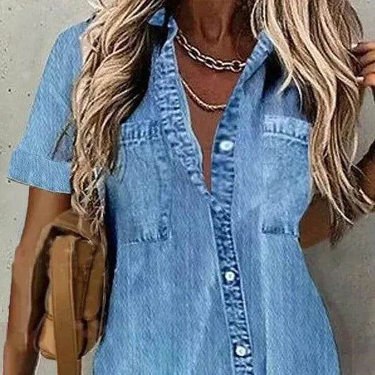 Best Women Loose Denim-like Printed Short-sleeved Shirt Jeans Denim Shirt dress Denim Top dress - Velora