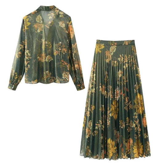 2pcs Floral Satin Skirt suit Long sleeve button shirt and Pleated Midi Skirt Outfit set - Velora