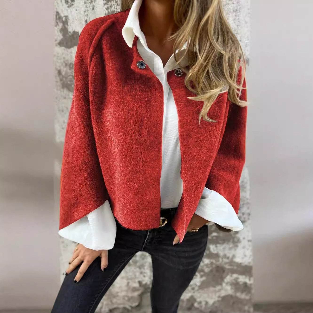 Women's Batwing Sleeve Cardigan Autumn And Winter Loose Short Cashmere Long Sleeve Coat - Velora