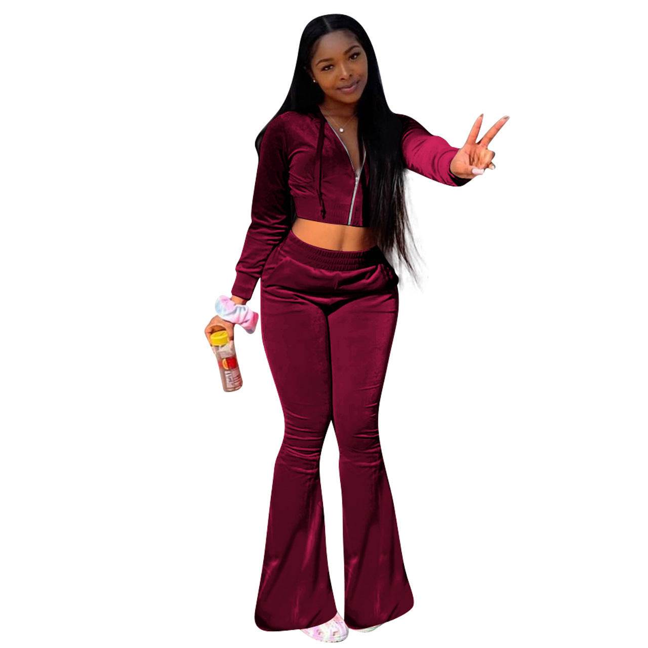 Women 2pcs Velvet Hoodie Wide leg Pant Crop top sweatsuit Athleisure Outfit - Velora