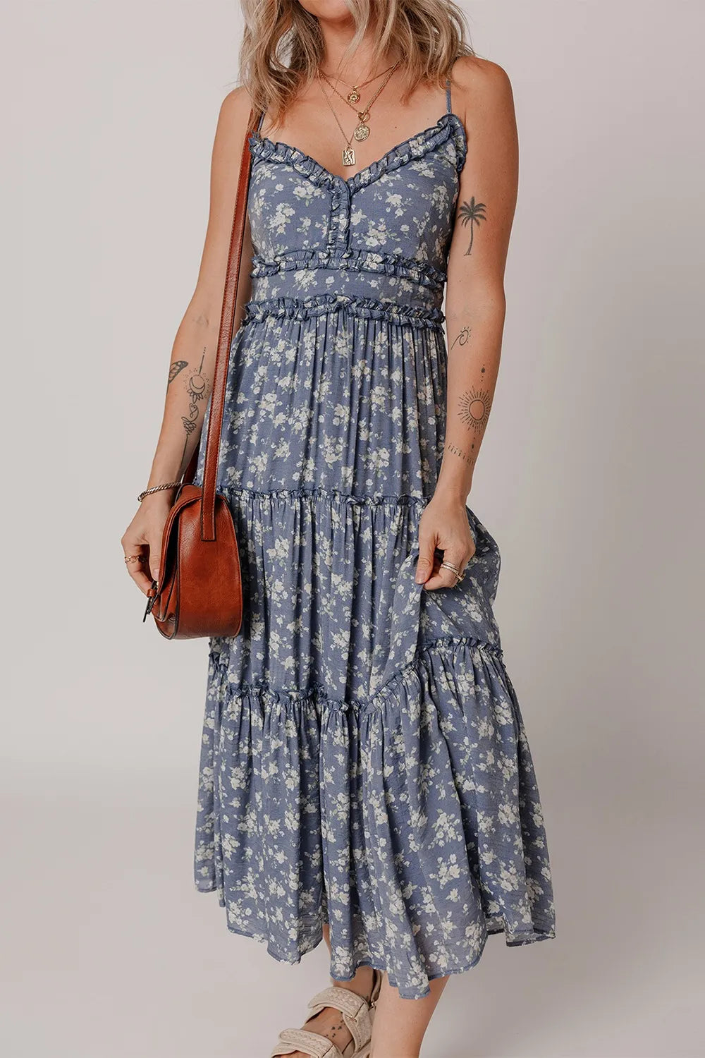 Floral Spaghetti Strap Frilled V Neck Tiered Midi Dress - Velora