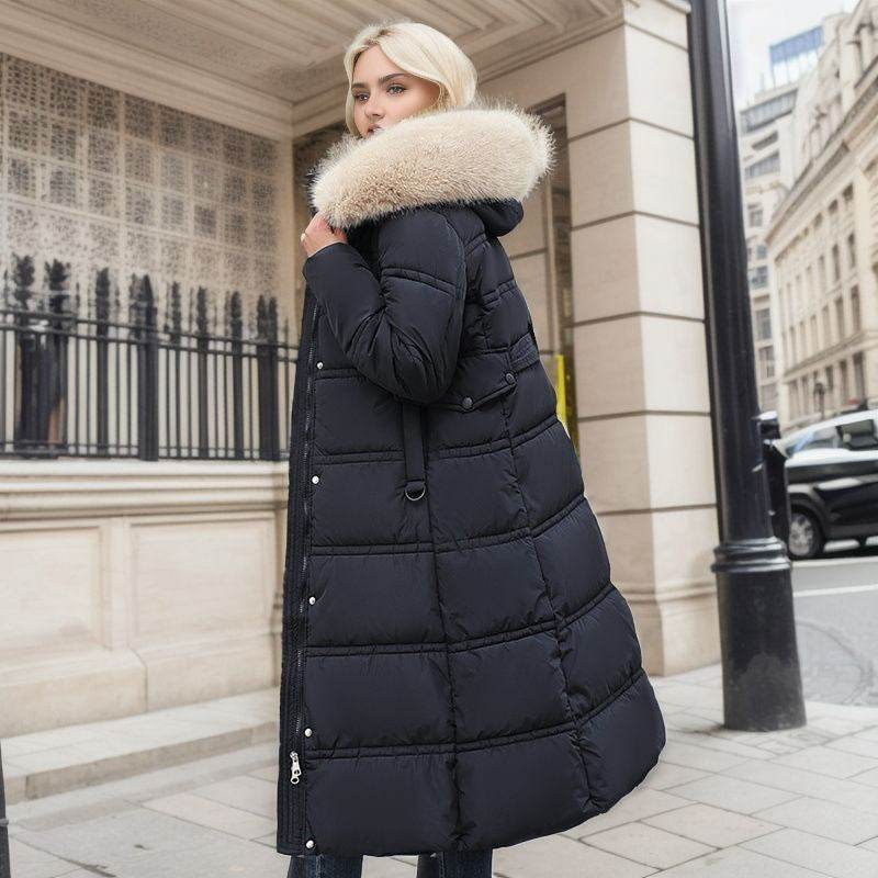 Winter Slim Long Jacket With Fur Hood And Belt Fashion Solid Hooded Coat Warm Clothing For Women - Velora