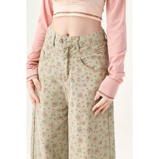 Mint Mambo Green Floral Baggy Jeans Pant For Women - Velora