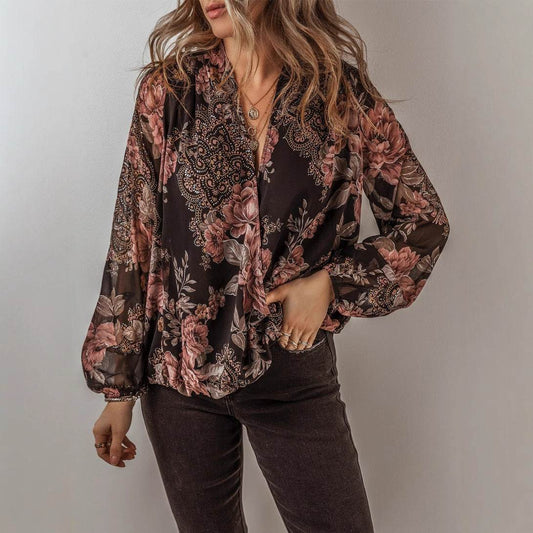 V-neck Long Sleeve Top Floral Print Women's Chiffon blouse Women - Velora