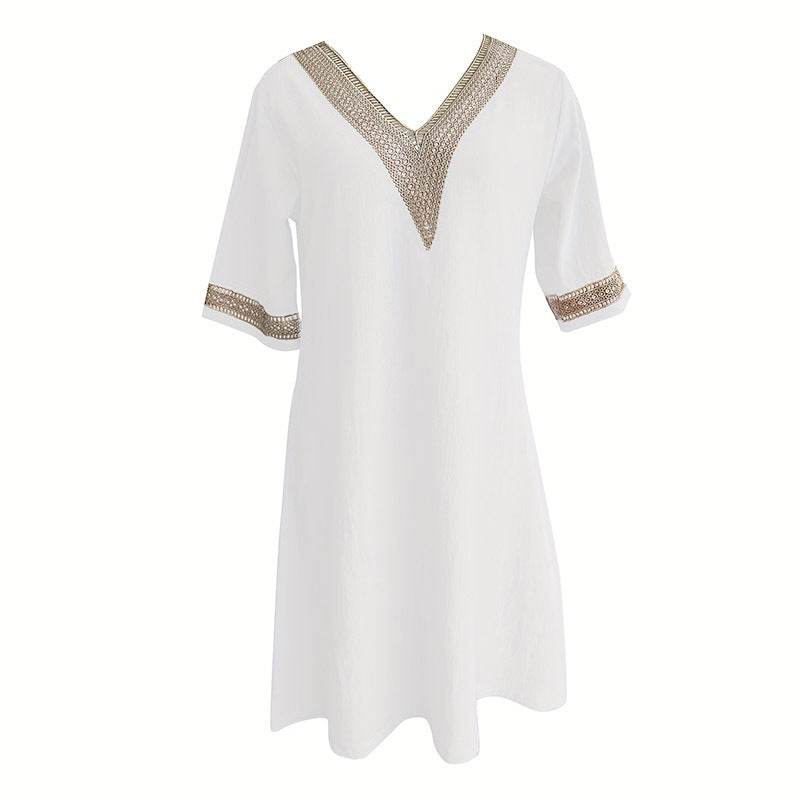 Women's Chic Guipure Lace V-Neck Tunic Dress Knee-Length, Hollow Detail,All-Season Dress - Velora