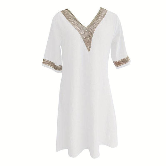 Women's Chic Guipure Lace V-Neck Tunic Dress Knee-Length, Hollow Detail,All-Season Dress - Velora