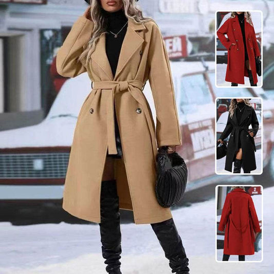 Lapel Double-breasted Trench Coat With Belt Winter Fashion Solid Color Long Jacket Outwear Women Clothing - Velora