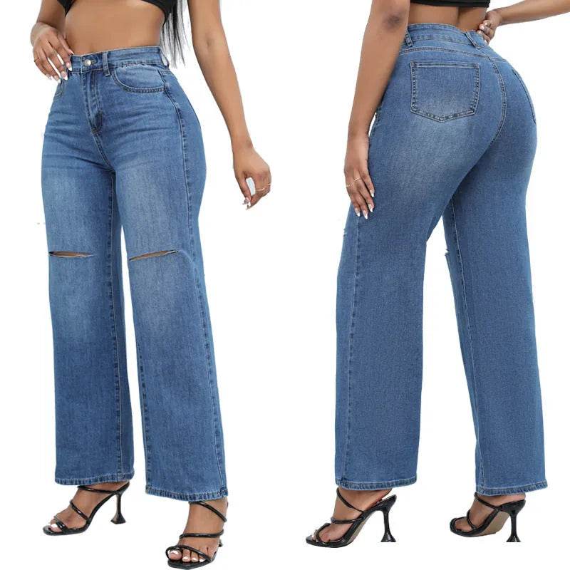 Elegant Ripped Wide-leg Baggy Jeans Pant Women - Velora