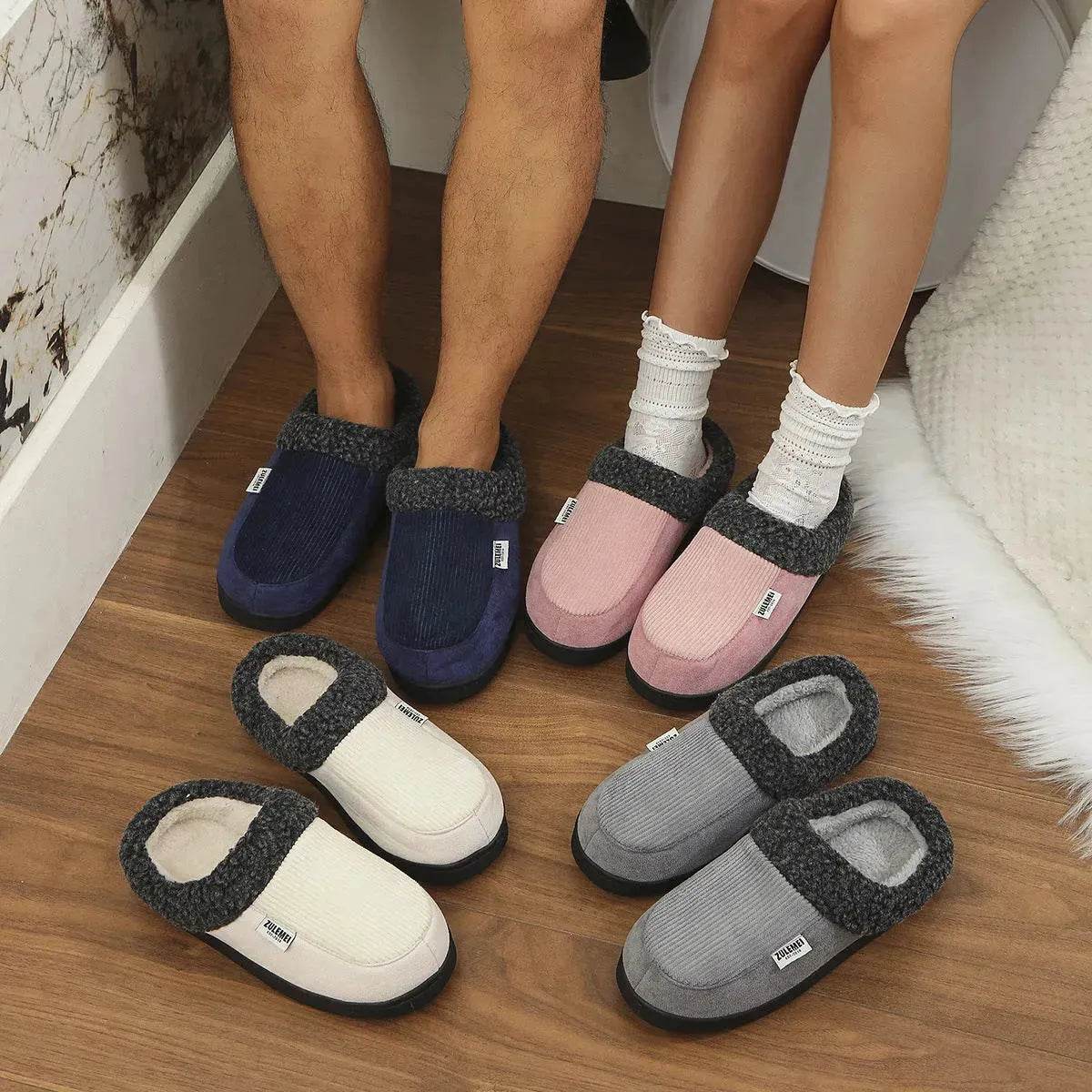 Fashion Solid Striped Cotton Slippers Winter Warm Indoor Bedroom Floor Slipper For Couples Non-slip Thick Sole House Shoes - Velora