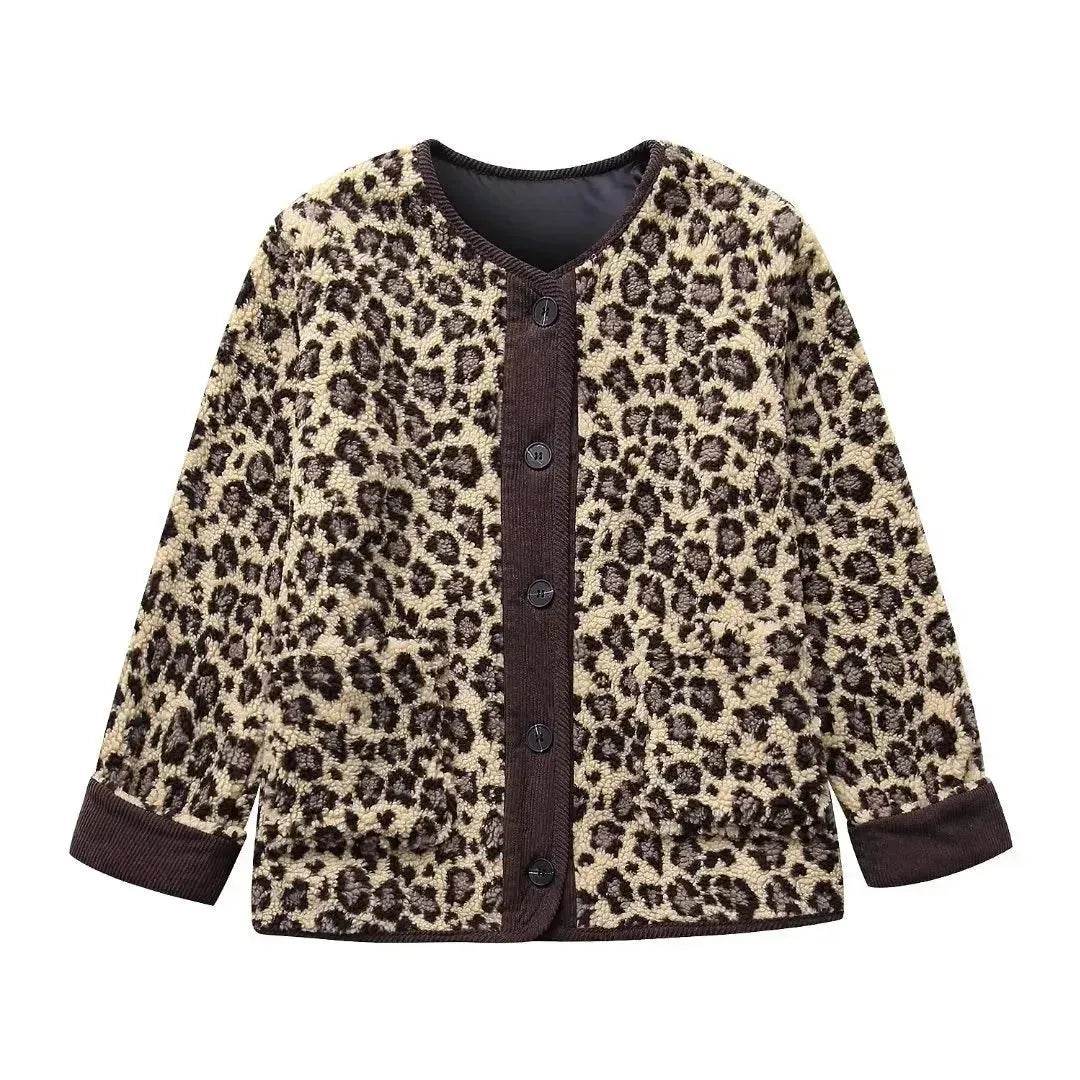 Casual Fall winter Leopard Button fleece Plush Cardigan jacket for women - Velora