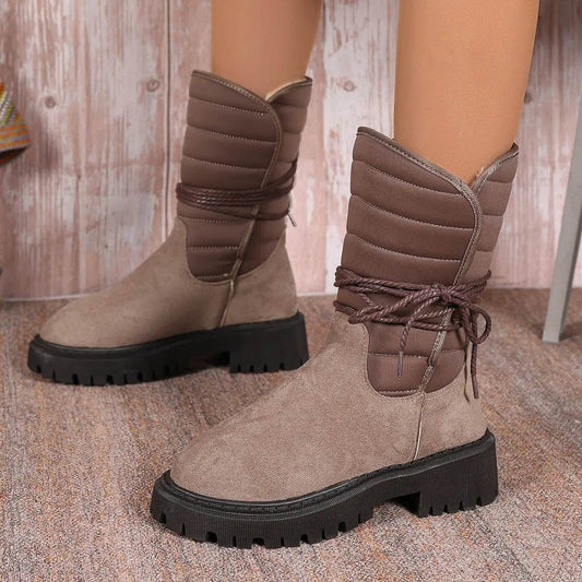 New Chunky Heel Mid-tube Snow Boots Winter Warm Fleece Boot With Lace-up Design Fashion Casual Shoes For Women - Velora