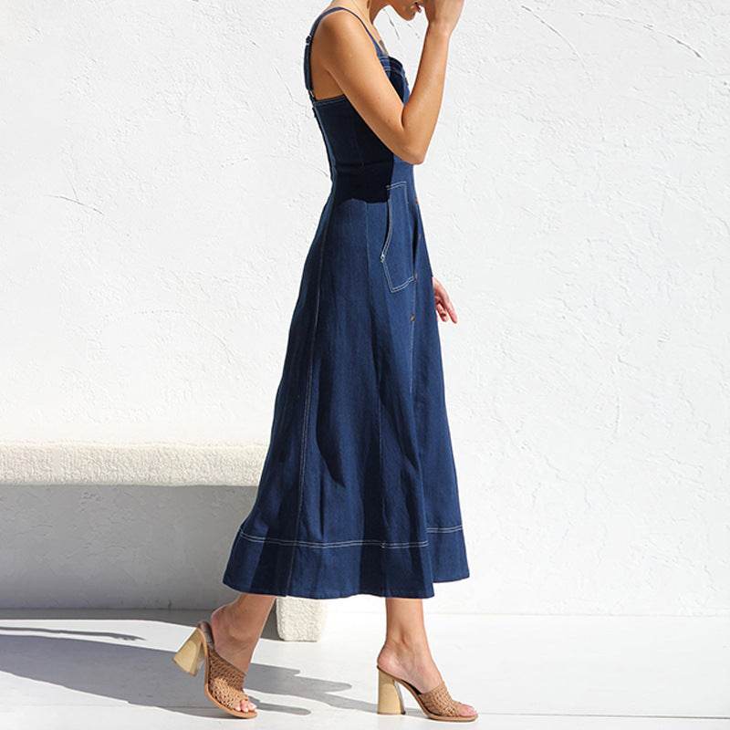 Women Sleeveless Sling Distressed Casual Style Button Denim Long Dress