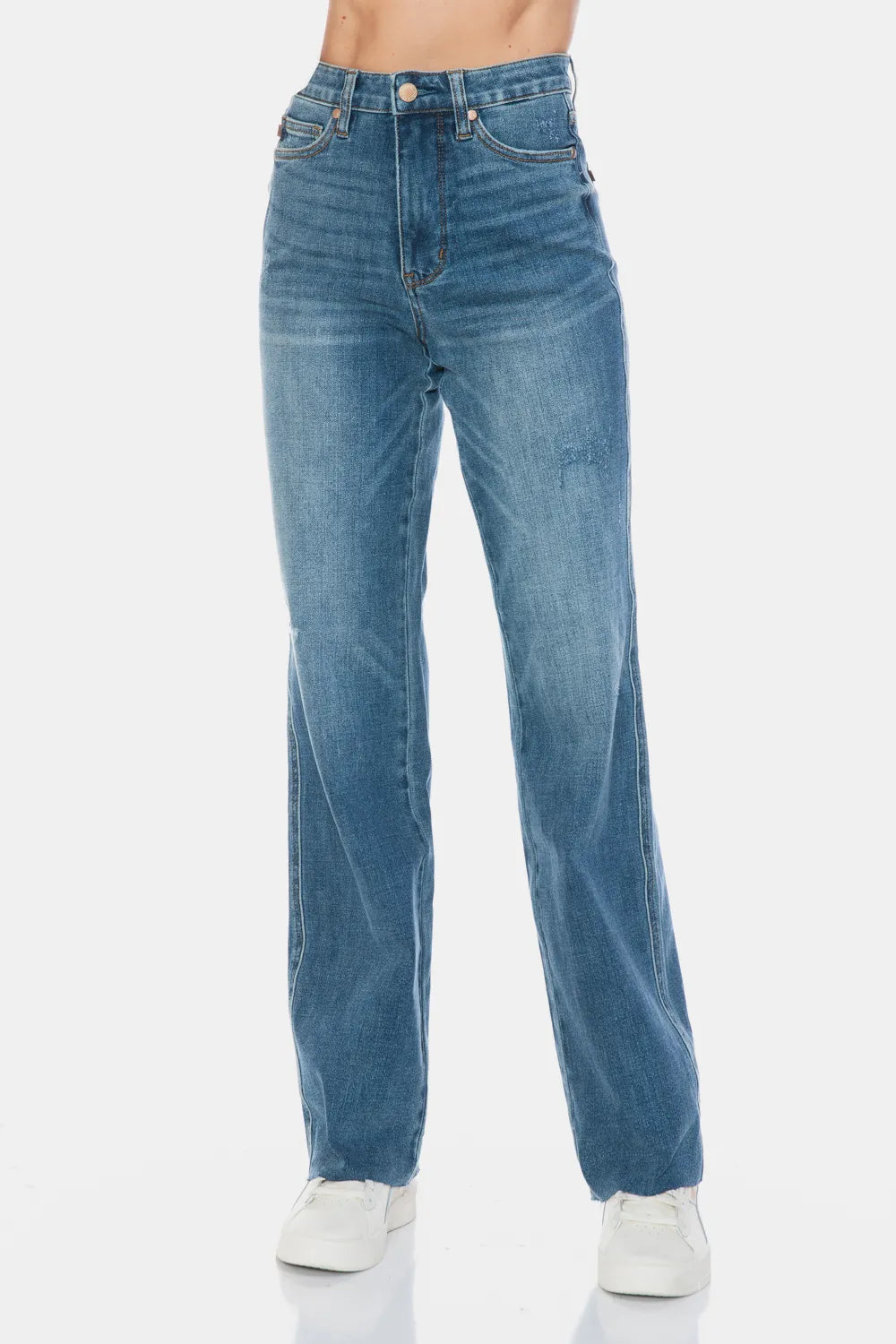 Judy Blue Full Size Tummy Control Cut Raw Hem Straight Jeans - Velora