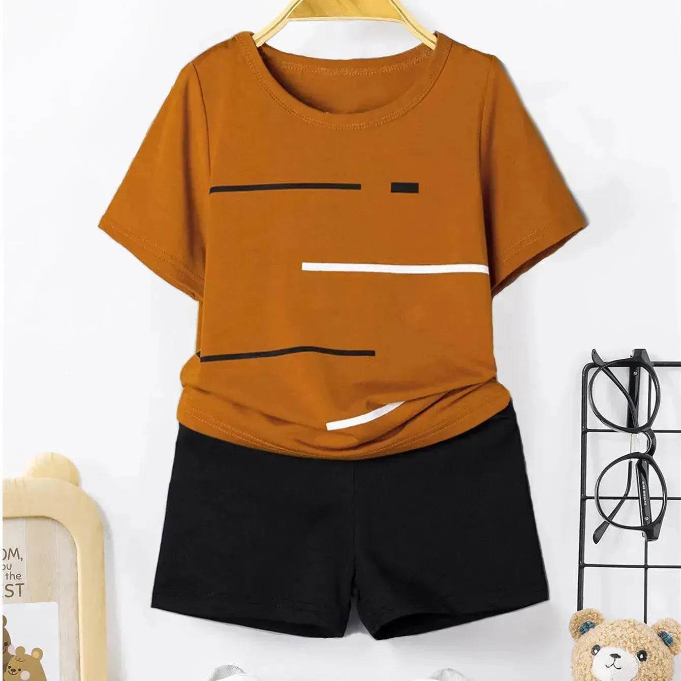 Striped Printed Round Neck Pullover T-shirt Shorts Suit - Velora