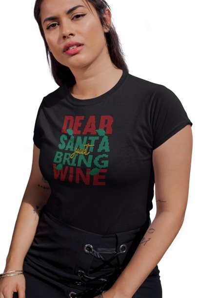Dear Santa Just Bring Wine Rhinestone Shirt – Funny Christmas Sparkle Bling Tee | Blingdazzel