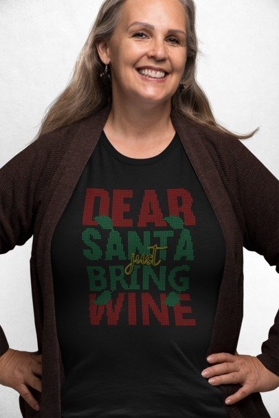 Dear Santa Just Bring Wine Rhinestone Shirt – Funny Christmas Sparkle Bling Tee | Blingdazzel