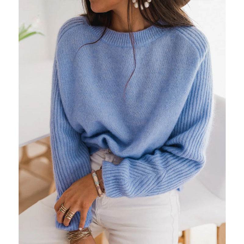 European Milk Blue Bedford Cord Sweater Women's Round-collar Long-sleeve Knitwear Casual Women's Clothing Fashion Knit Top Outerwear - Velora