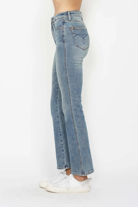 Judy Blue Full Size Tummy Control Back Embroidered Pocketed Bootcut Jeans Plus Size - Velora
