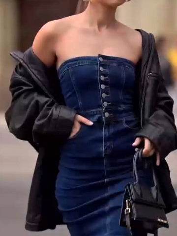 Strapless Button Denim Dress Tube top Long Jeans Dress - Velora