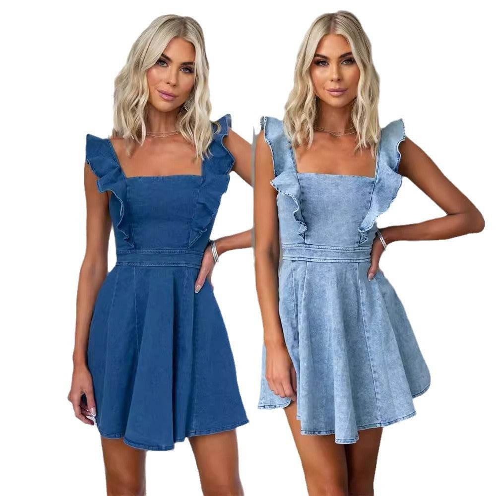 Women's Fashion Casual Denim Mini flared Dress - Velora