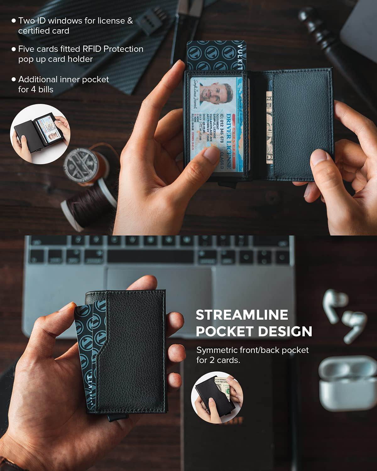 Credit Card Case With Double Id Window Rfid Blocking Automatic Leather Up Card Wallet - Velora