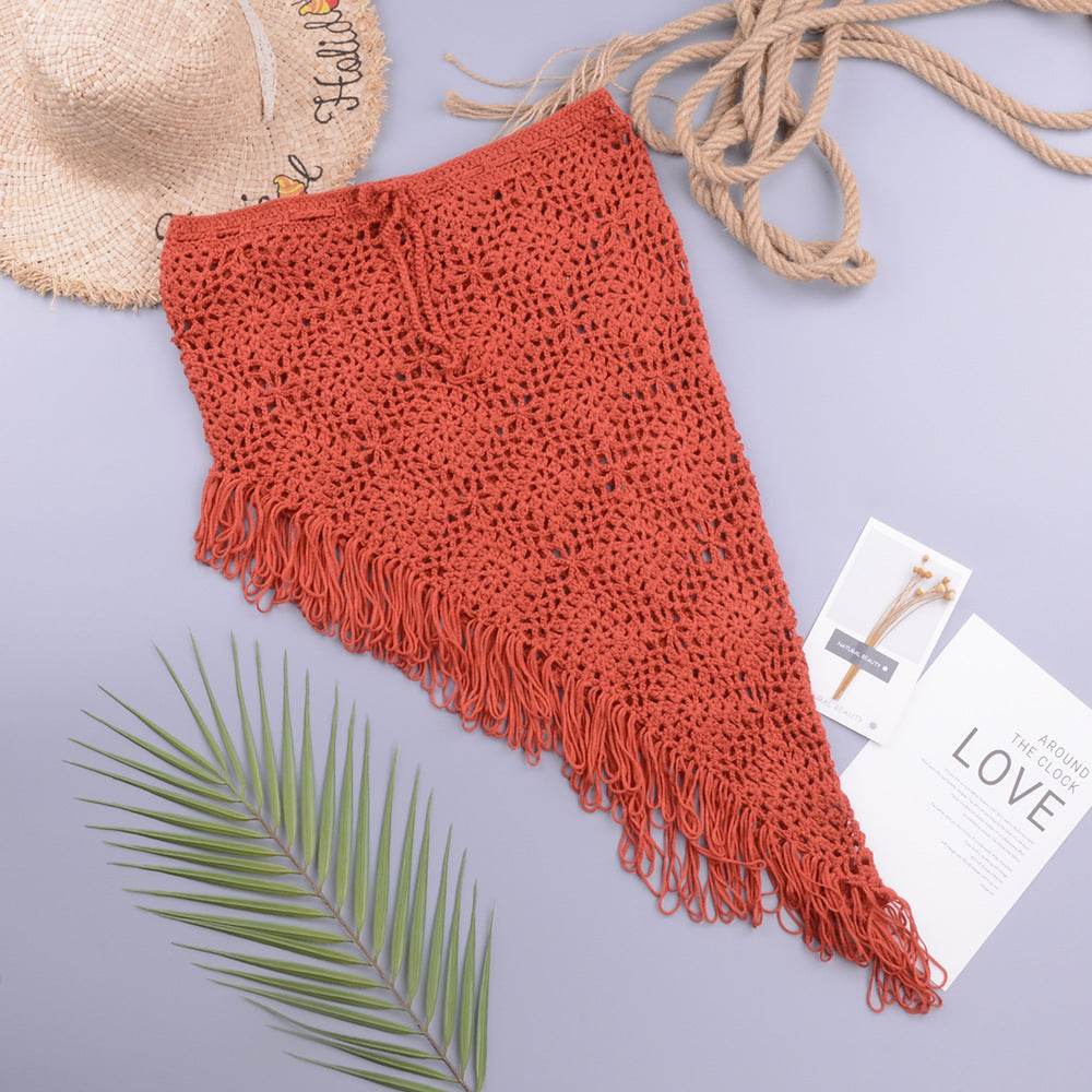 European And American Women's See Through Hollow Knitted tassel fringe Slant Beach Skirt - Velora