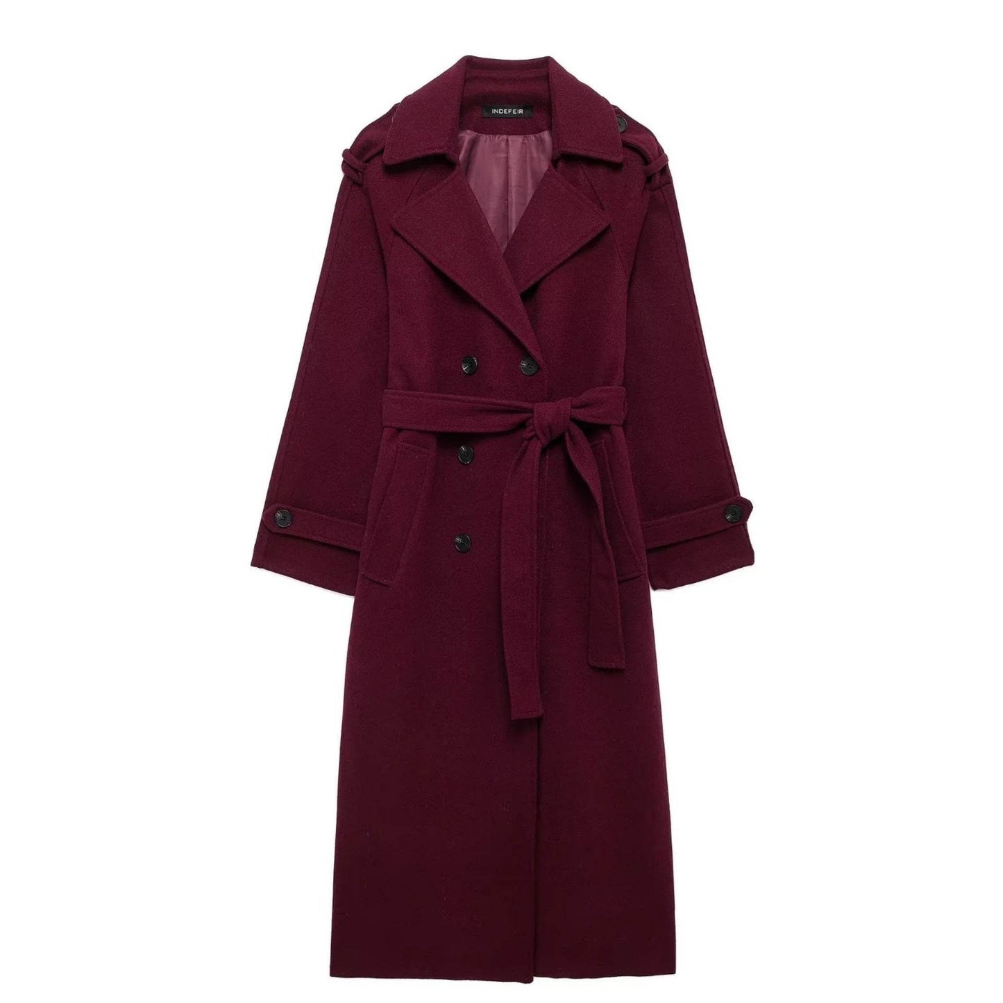 Fashion Lapel Woolen Coat With Belt Winter Double-breasted Trench Long Jacket For Women Clothing - Velora
