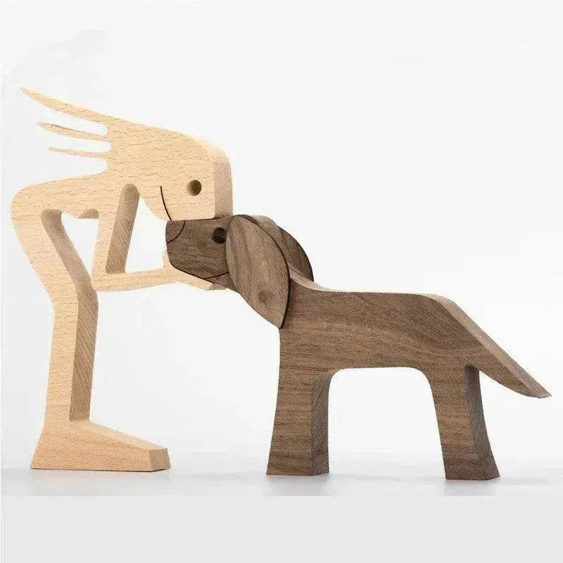 DIY Figurine Wood Dog Ornament Sculpture Home Decoration A Man A Dog Wood Sculpture Christmas Gifts Model Decor - Velora