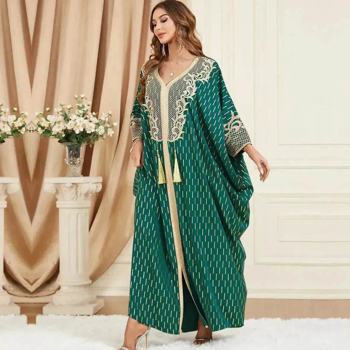 Dubai Turkey Arab Green Gilding Batwing Sleeve Bow Tie Stitching Middle East Popular Plus Size Tassel Split Dress - Velora