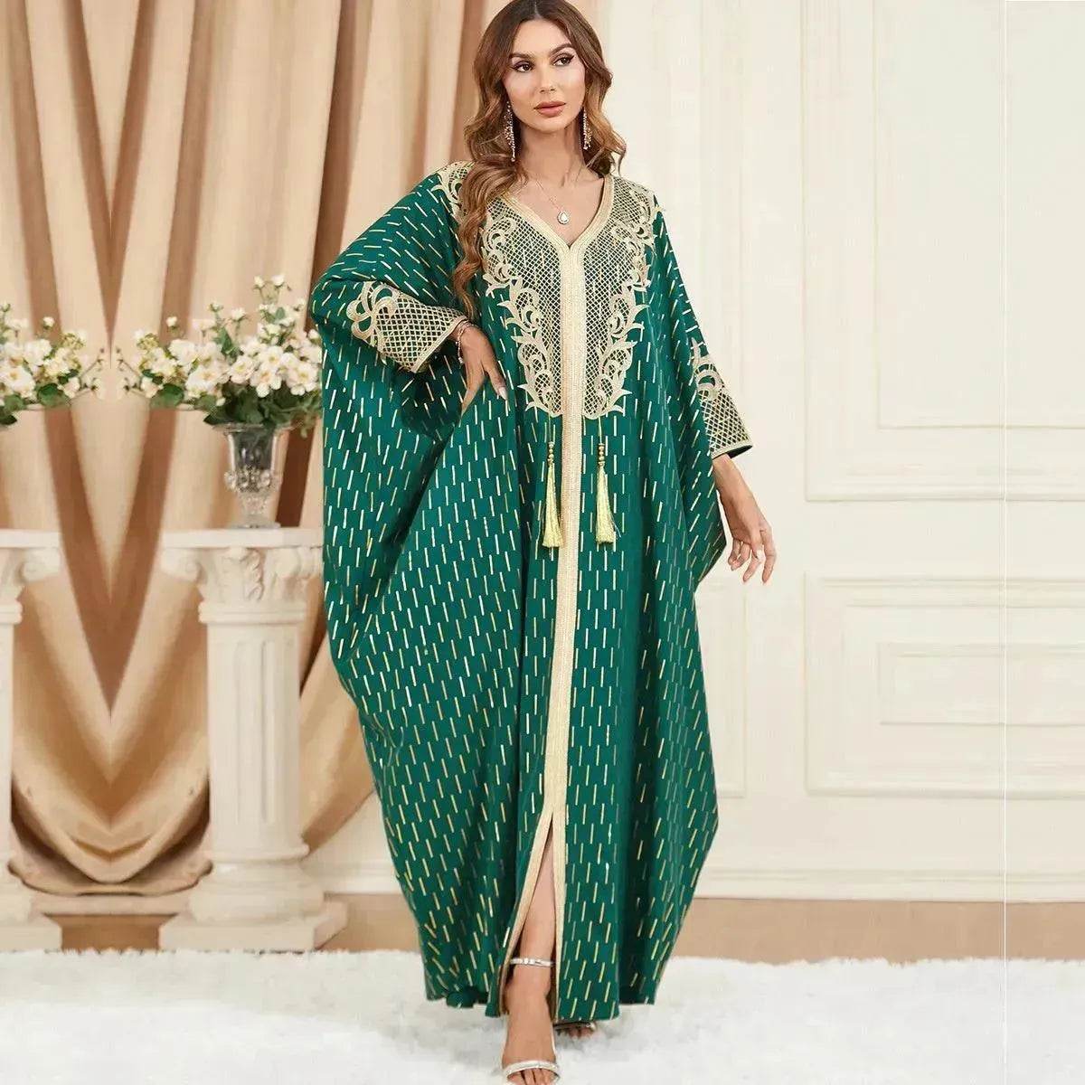 Dubai Turkey Arab Green Gilding Batwing Sleeve Bow Tie Stitching Middle East Popular Plus Size Tassel Split Dress - Velora