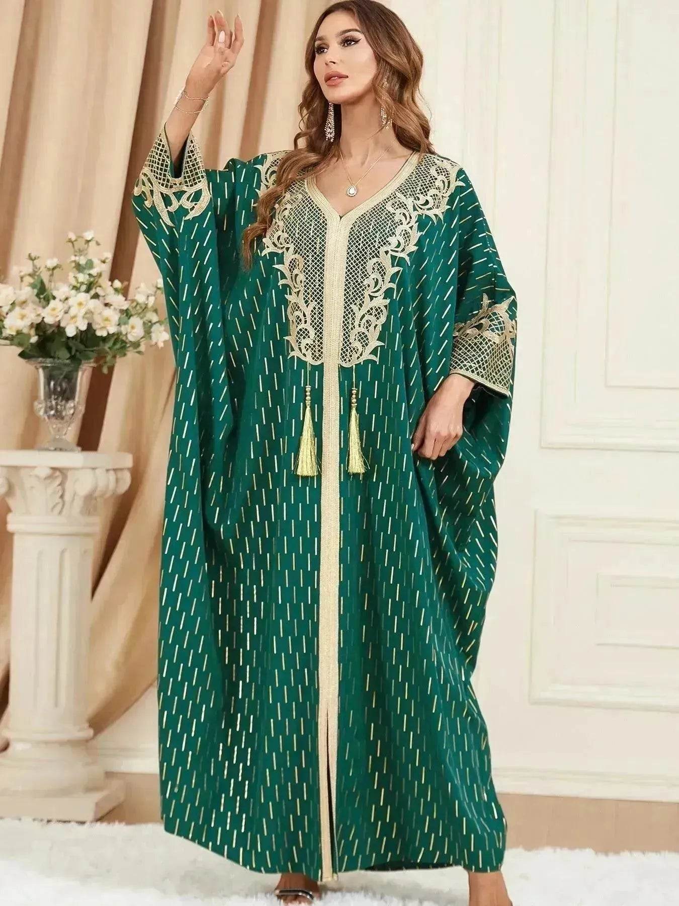 Dubai Turkey Arab Green Gilding Batwing Sleeve Bow Tie Stitching Middle East Popular Plus Size Tassel Split Dress - Velora