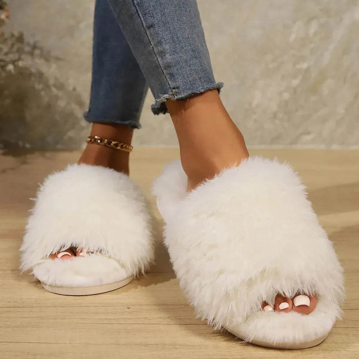 Fashion Open-toed Plush Slippers Winter Warm Indoor Bedroom Floor Soft Fluffy Slipper For Couple Solid Color House Shoes Women - Velora