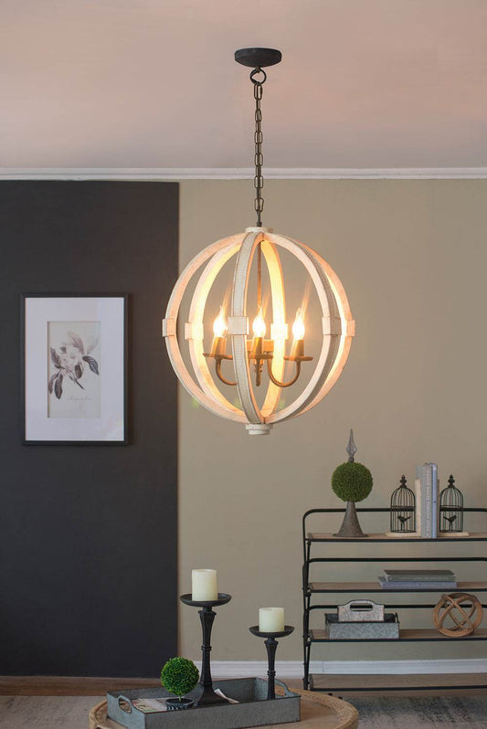 6 - Light Wood Chandelier With Adjustable Chain For Kitchen, Dining Hall Entrance, Bulb Not Included - Velora