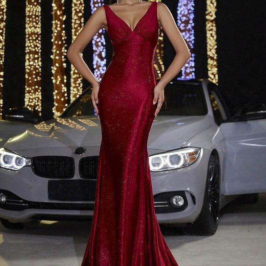 Deep V Strap Slim-fit Sheath Banquet Fishtail Evening Dress - Velora
