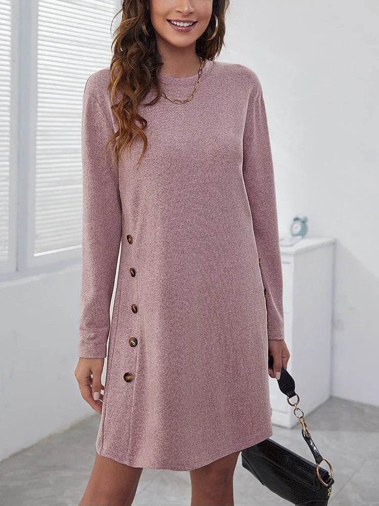 Long-sleeved Round-neck Straight Dress Fashion Casual Loose Solid Color Dress For Women Fall Spring Clothing - Velora