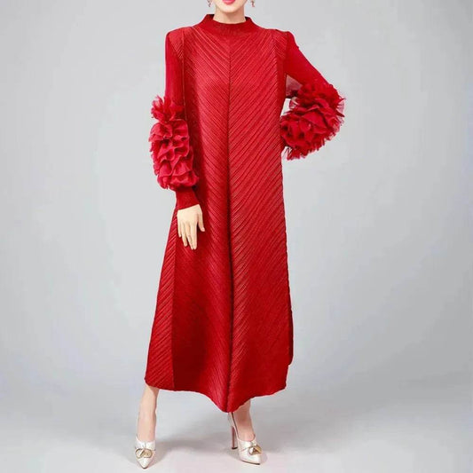 Middle East Plate Flower Loose Plus Size Pleated Extended Dress Oganza Long Sleeve Maxi Dress for Occasional events - Velora