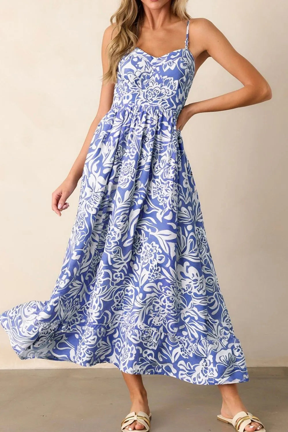 Floral Print Spaghetti Strap High Waist Dress - Velora